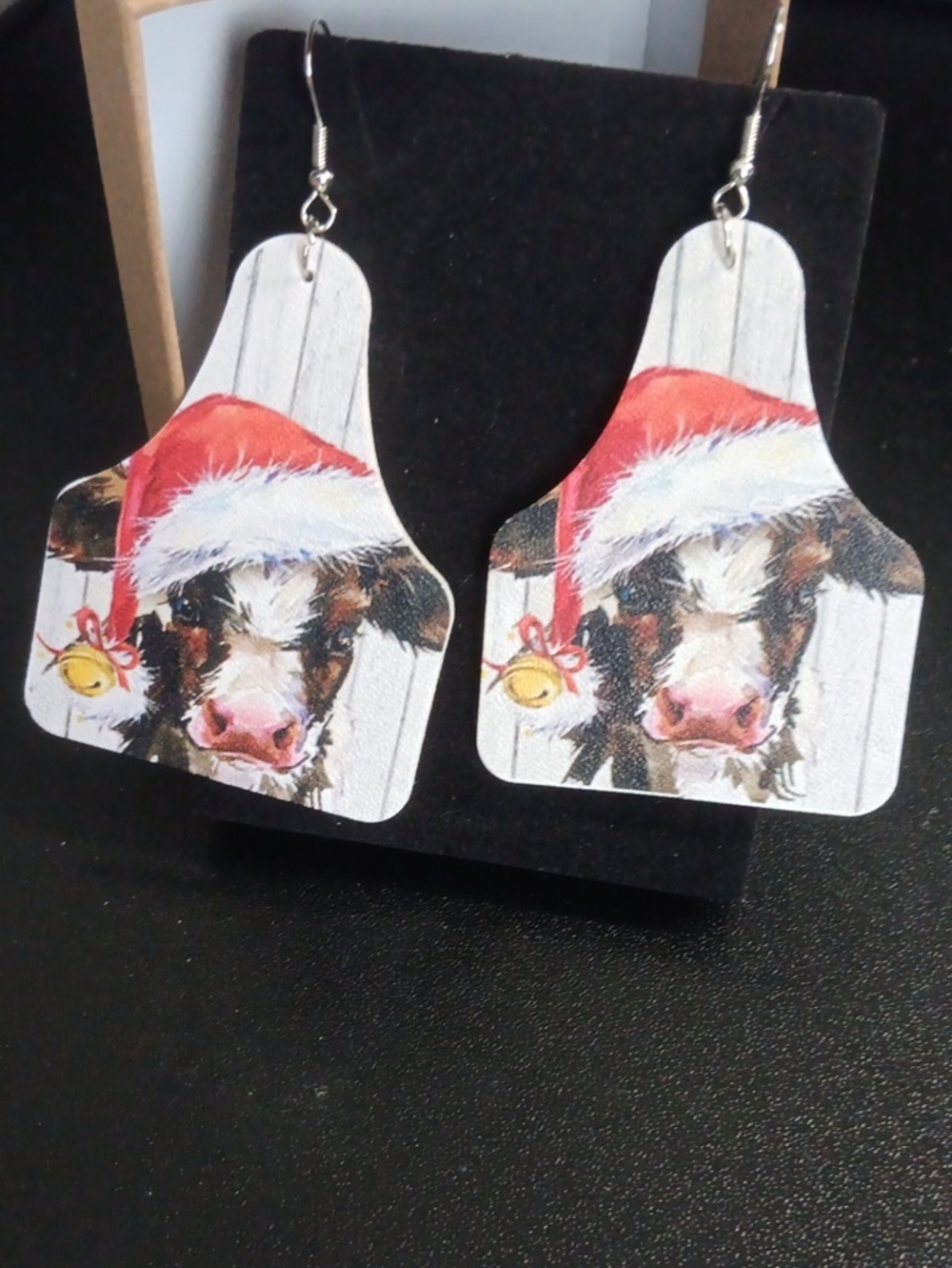 Cow Santa Hat Dangle Earrings - Festive Farm Animal Design
